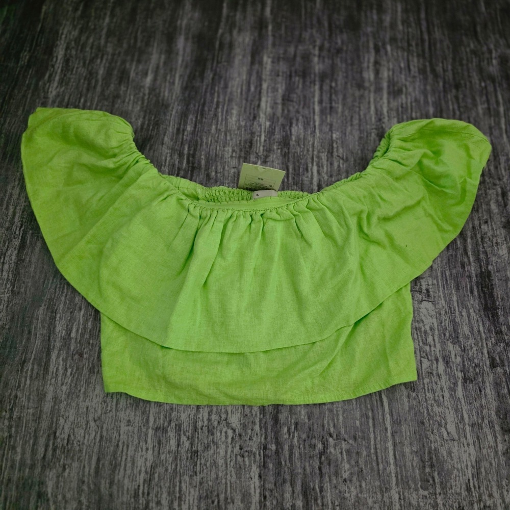A New Day Womens Lime Green Linen Blend Off The Shoulder Ruffle Crop Top XS
